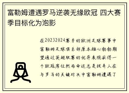 富勒姆遭遇罗马逆袭无缘欧冠 四大赛季目标化为泡影