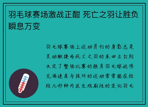 羽毛球赛场激战正酣 死亡之羽让胜负瞬息万变