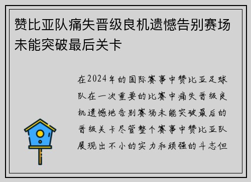 赞比亚队痛失晋级良机遗憾告别赛场未能突破最后关卡