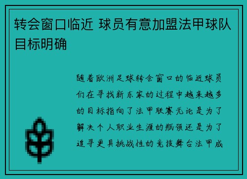 转会窗口临近 球员有意加盟法甲球队目标明确