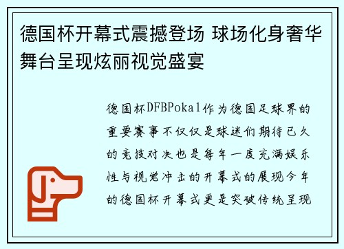 德国杯开幕式震撼登场 球场化身奢华舞台呈现炫丽视觉盛宴