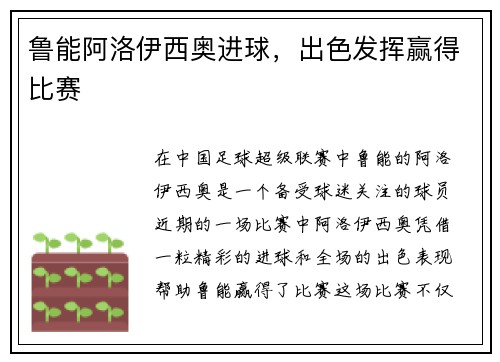 鲁能阿洛伊西奥进球，出色发挥赢得比赛